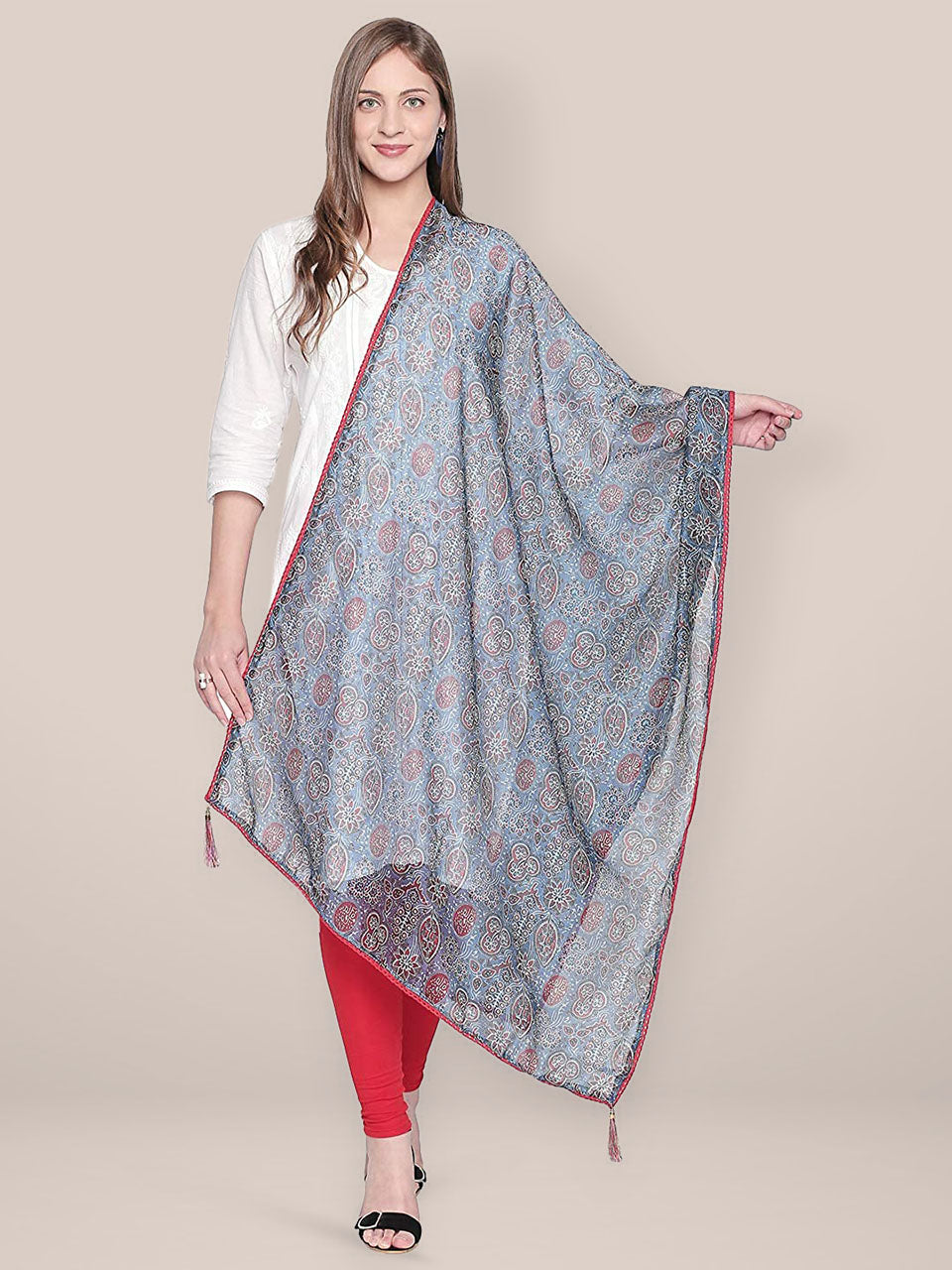 Indigo Printed Art Silk Dupatta with lace freeshipping - Dupatta Bazaar