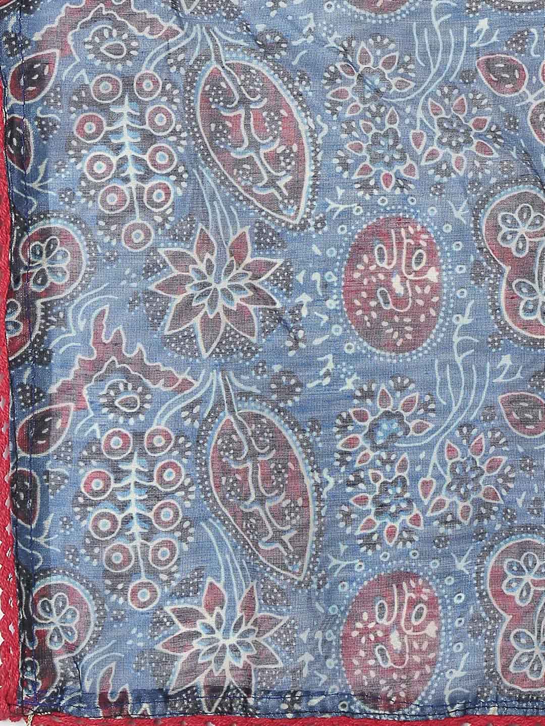Indigo Printed Art Silk Dupatta with lace freeshipping - Dupatta Bazaar