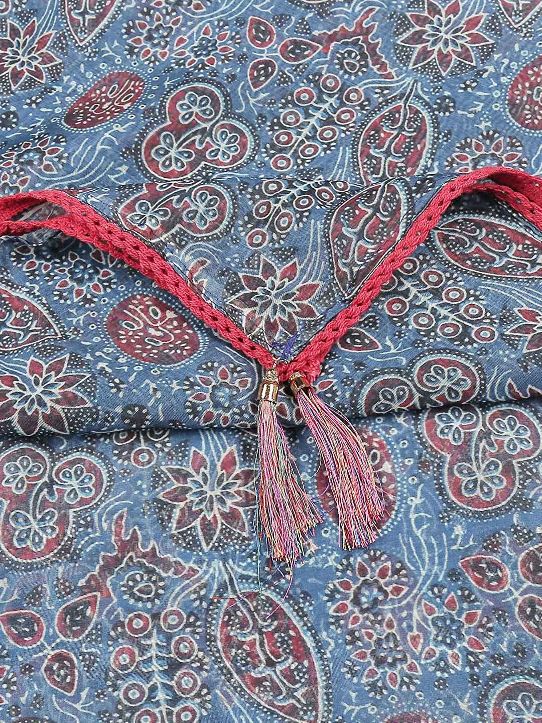 Indigo Printed Art Silk Dupatta with lace freeshipping - Dupatta Bazaar