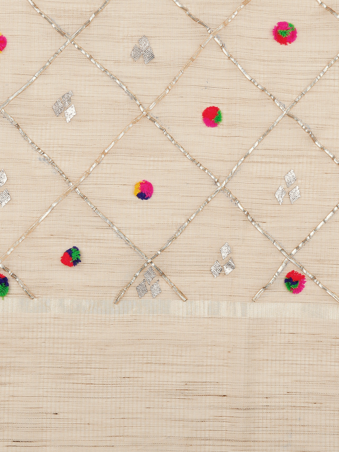 Dupatta Bazaar Woman's Gold Cotton Silk Dupatta with multicoloured pom poms and Gotta. - Dupatta Bazaar