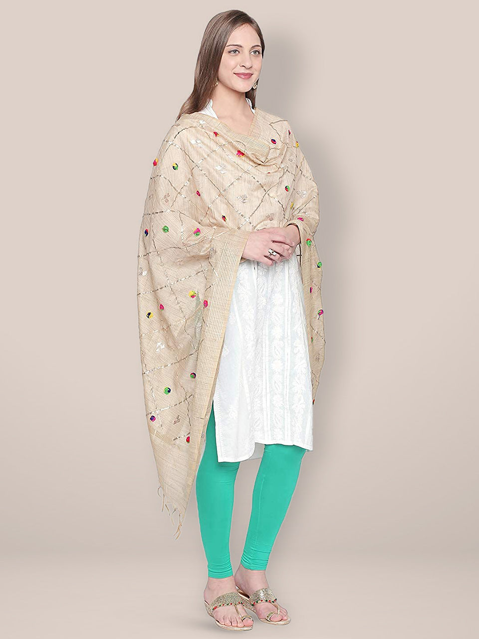 Gold Dupatta with multicoloured pom poms and Gotta. freeshipping - Dupatta Bazaar