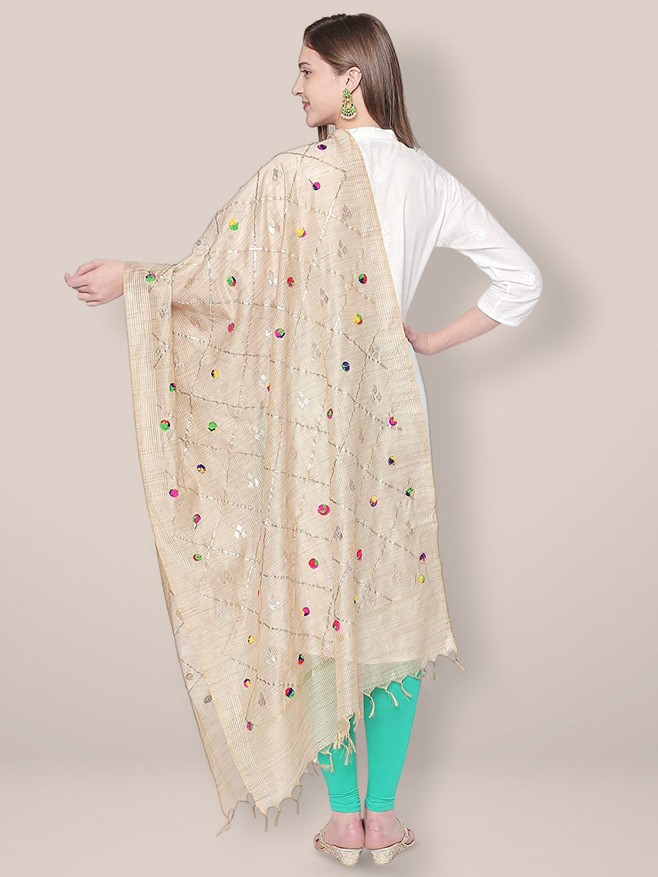 Gold Dupatta with multicoloured pom poms and Gotta. freeshipping - Dupatta Bazaar