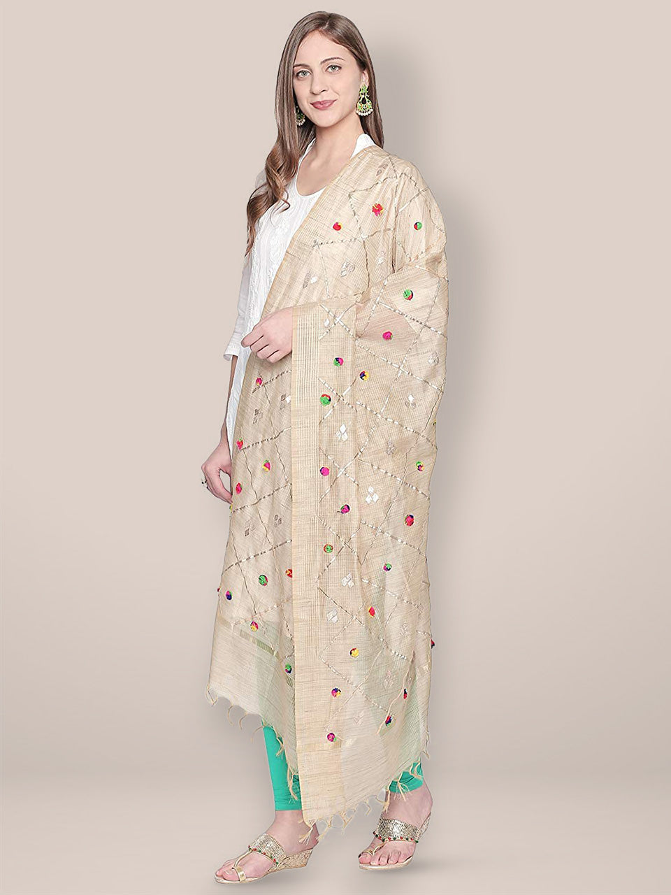 Gold Dupatta with multicoloured pom poms and Gotta. freeshipping - Dupatta Bazaar