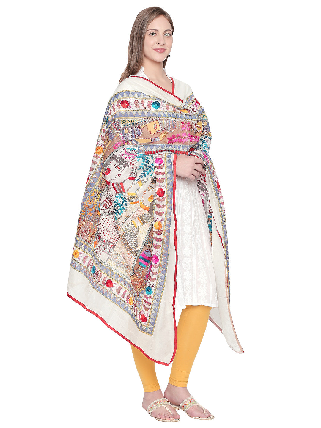 Dupatta Bazaar Woman's Off White Chanderi Silk dupatta with Kantha Work - Dupatta Bazaar