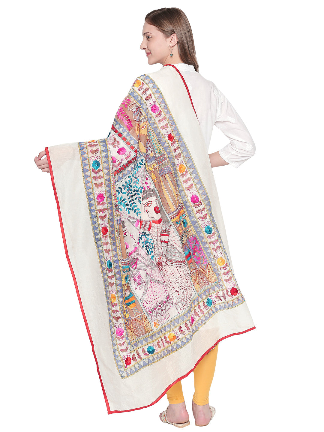 Dupatta Bazaar Woman's Off White Chanderi Silk dupatta with Kantha Work - Dupatta Bazaar