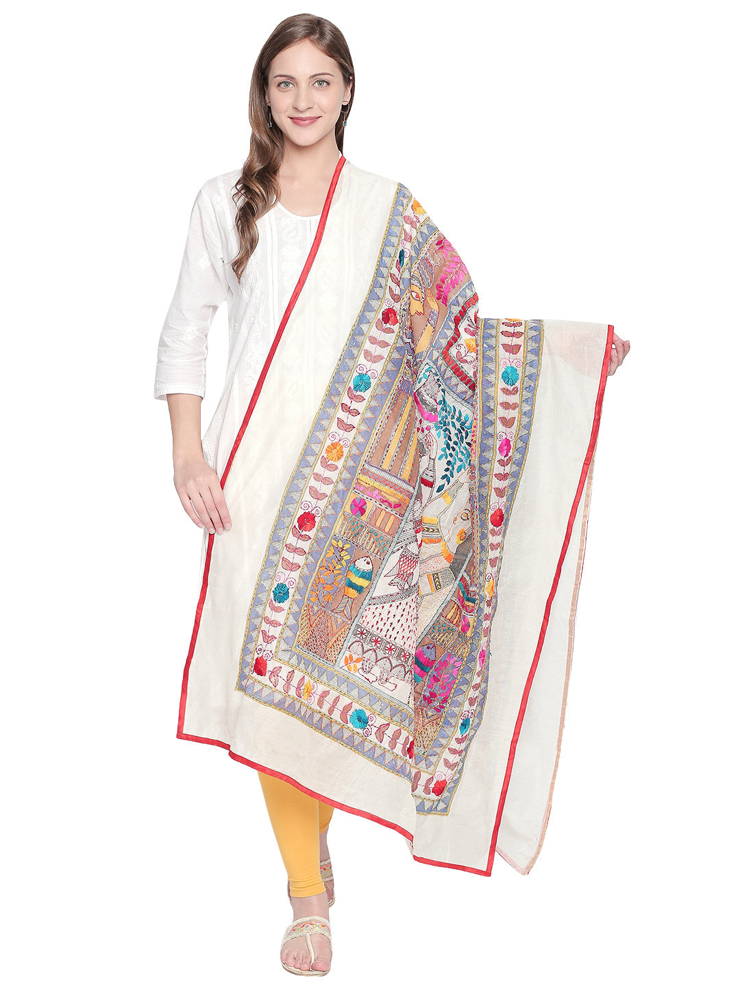 Dupatta Bazaar Woman's Off White Chanderi Silk dupatta with Kantha Work - Dupatta Bazaar