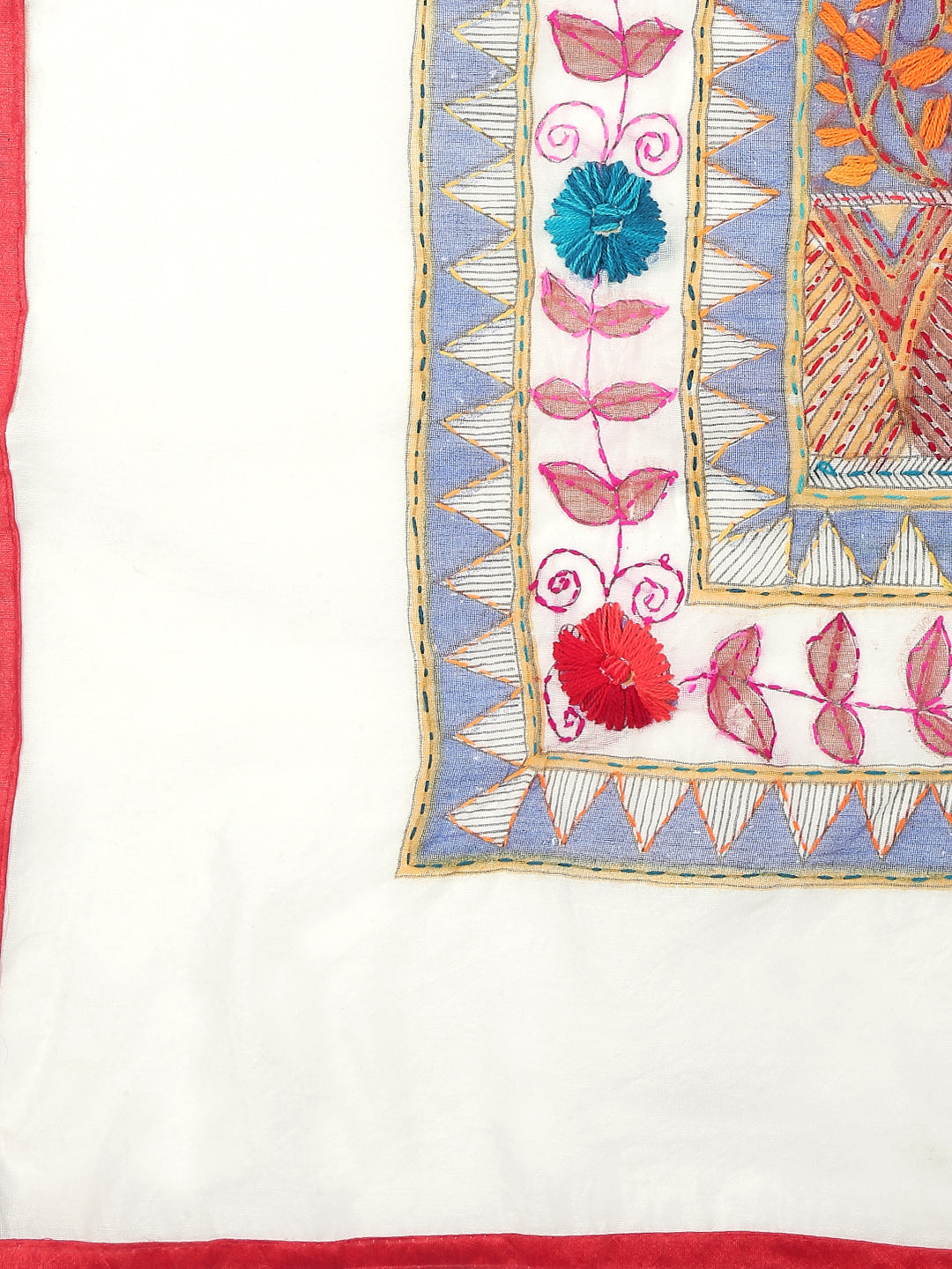 Dupatta Bazaar Woman's Off White Chanderi Silk dupatta with Kantha Work - Dupatta Bazaar