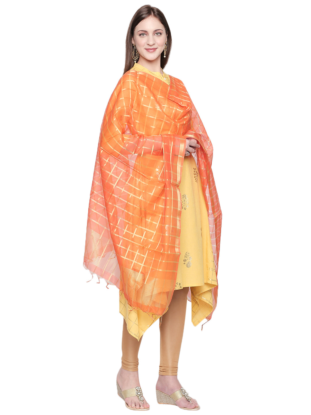 Dupatta Bazaar Woman's Orange and Gold Blended Silk Dupatta. - Dupatta Bazaar