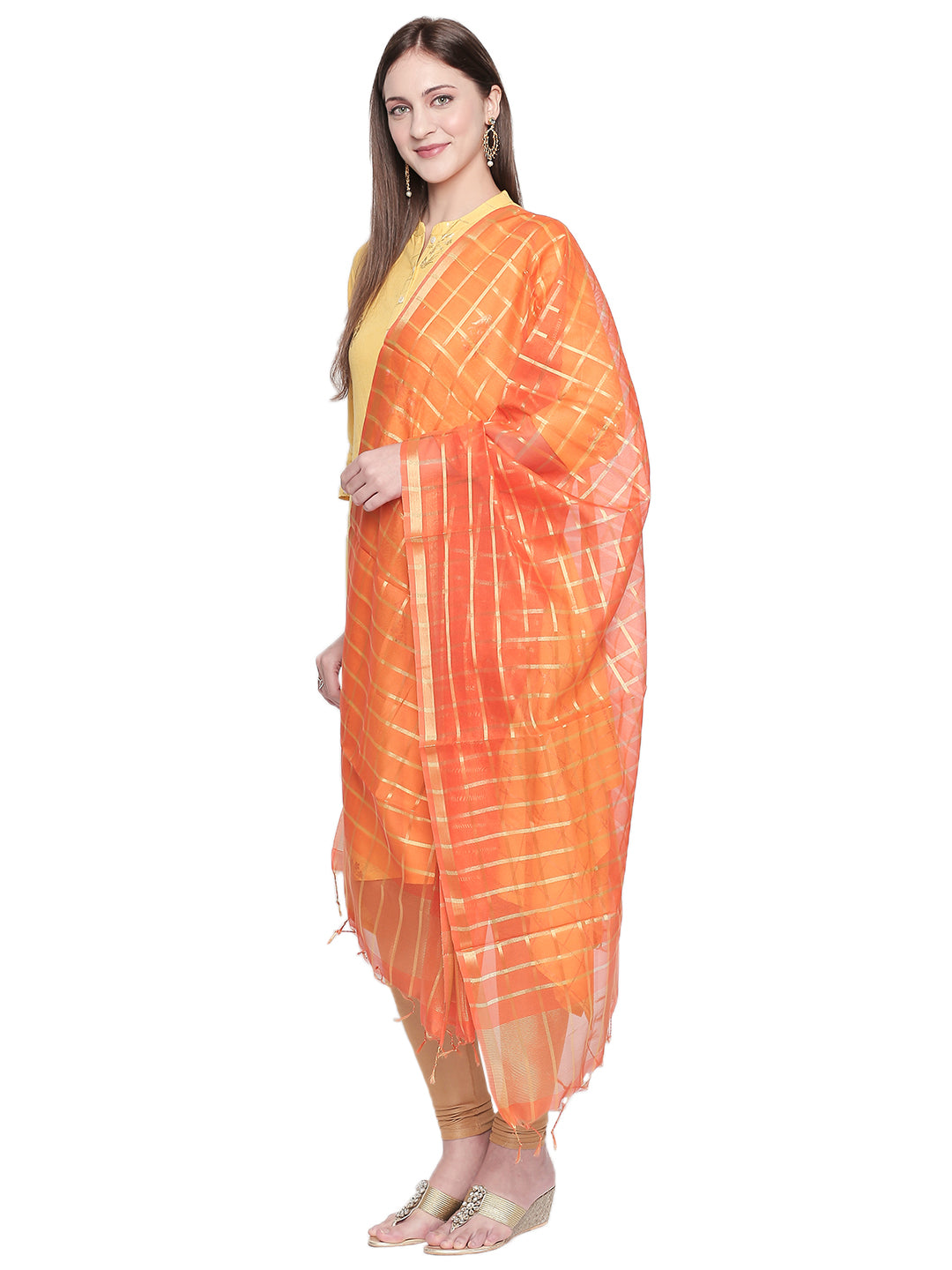 Dupatta Bazaar Woman's Orange and Gold Blended Silk Dupatta. - Dupatta Bazaar