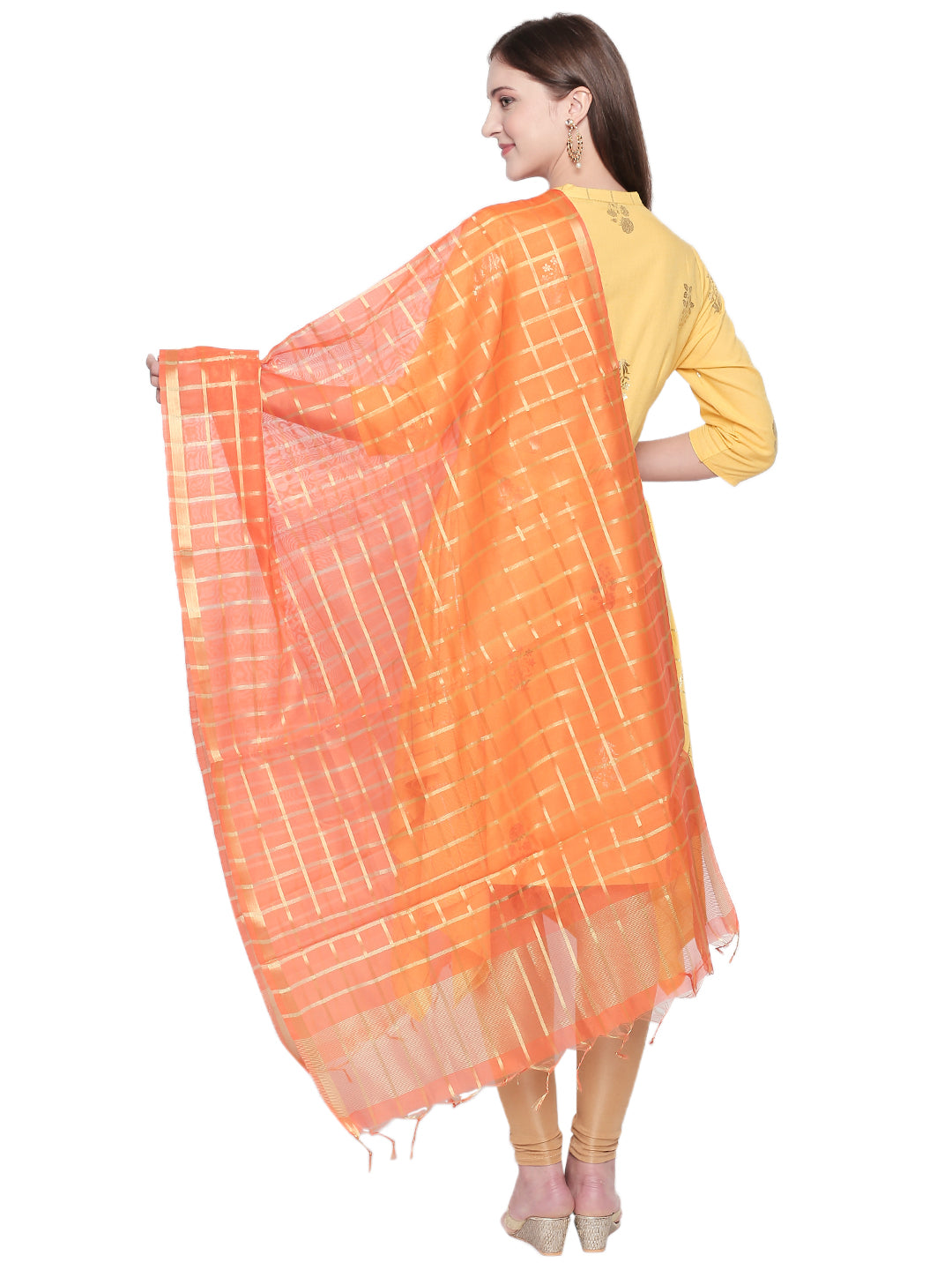 Dupatta Bazaar Woman's Orange and Gold Blended Silk Dupatta. - Dupatta Bazaar