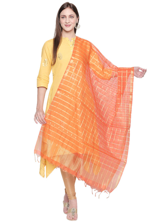 Dupatta Bazaar Woman's Orange and Gold Blended Silk Dupatta. - Dupatta Bazaar