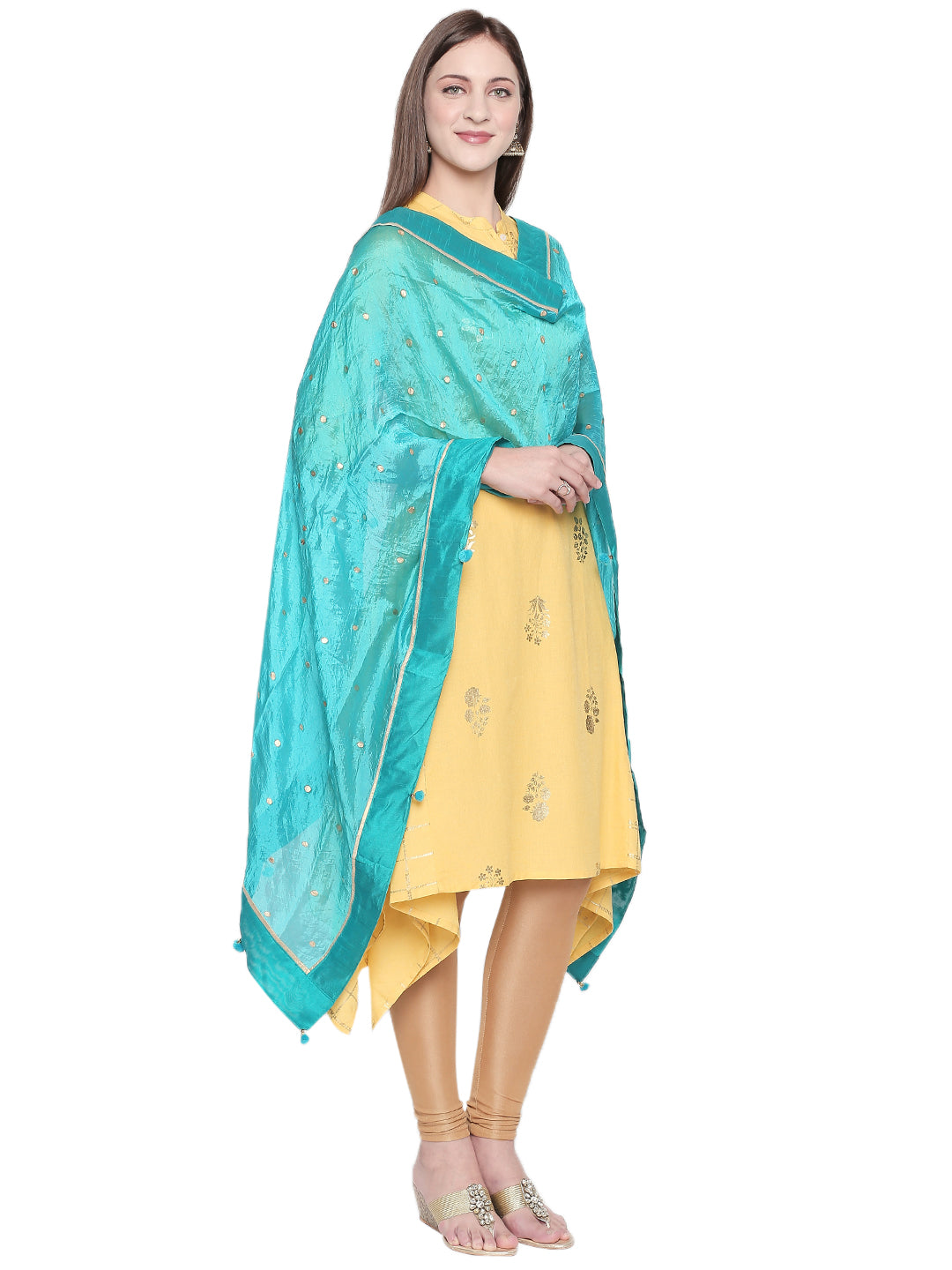 Dupatta Bazaar Woman's Printed Turquoise Blue and Gold Art Silk Dupatta. - Dupatta Bazaar