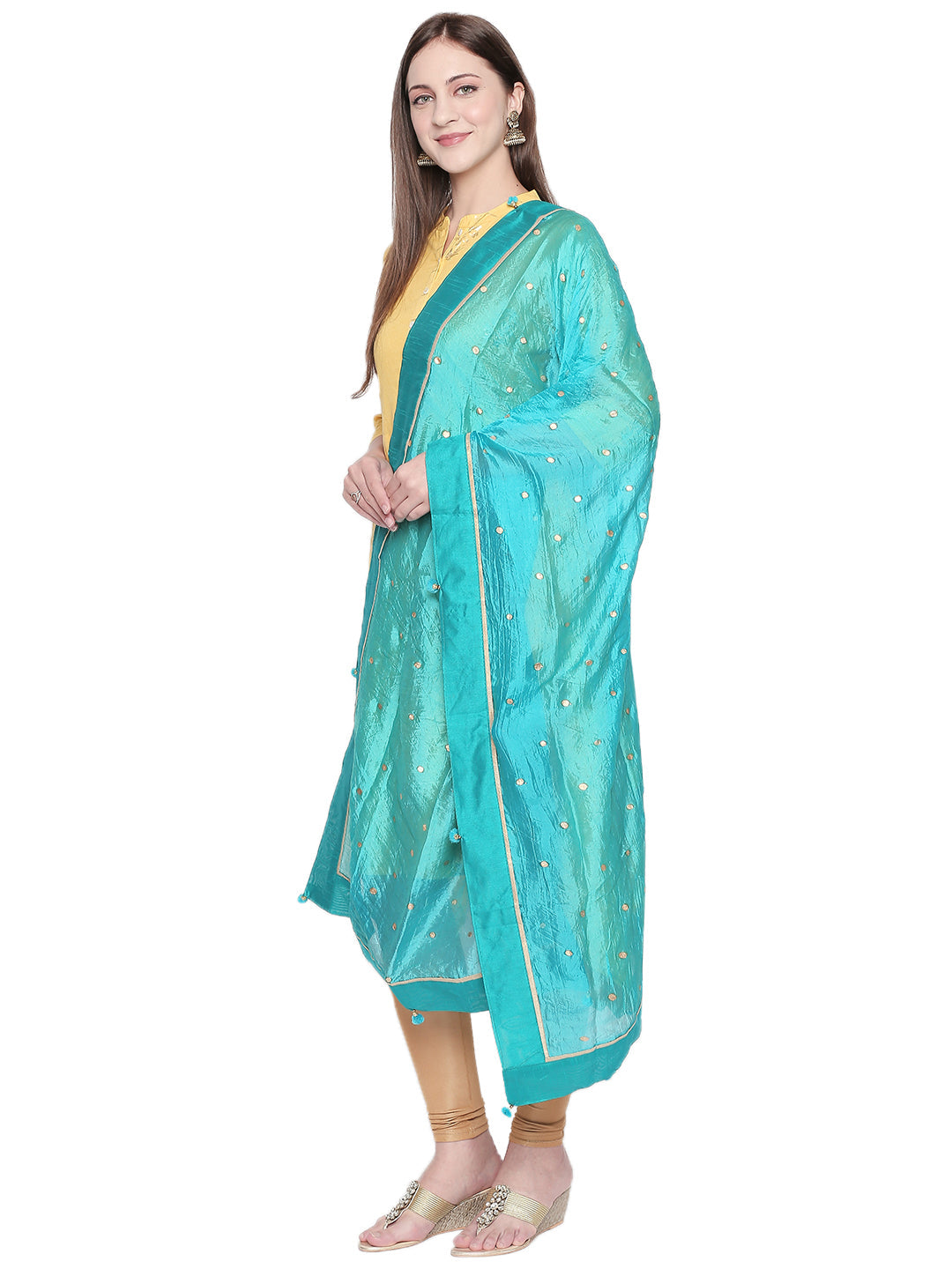 Dupatta Bazaar Woman's Printed Turquoise Blue and Gold Art Silk Dupatta. - Dupatta Bazaar
