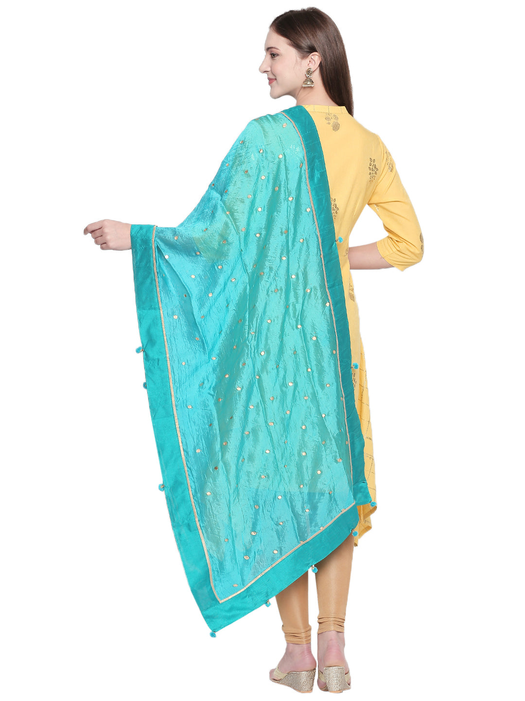 Dupatta Bazaar Woman's Printed Turquoise Blue and Gold Art Silk Dupatta. - Dupatta Bazaar