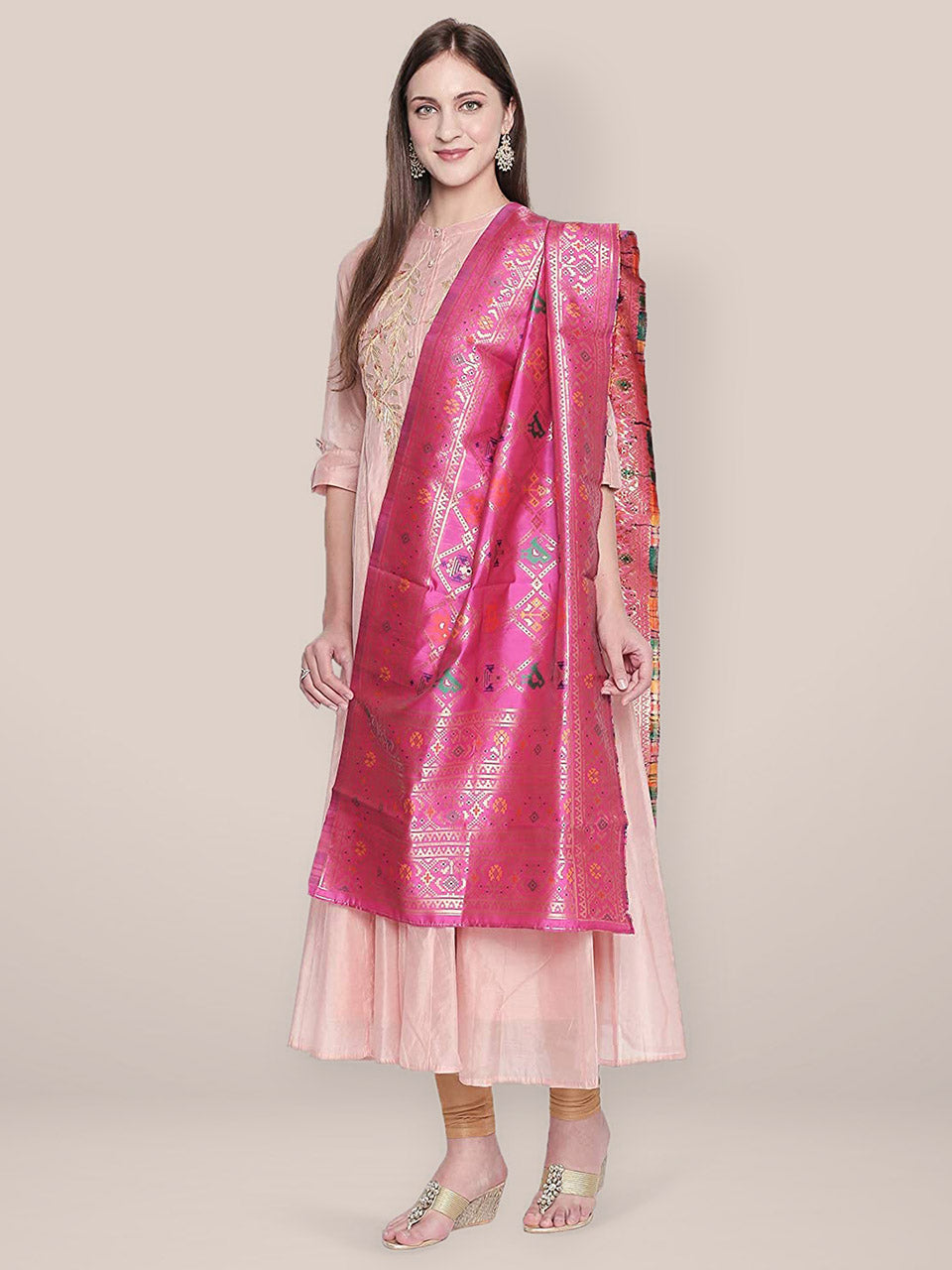 Pink & Multicoloured Banarasi Art Silk Stole/ Dupatta. freeshipping - Dupatta Bazaar