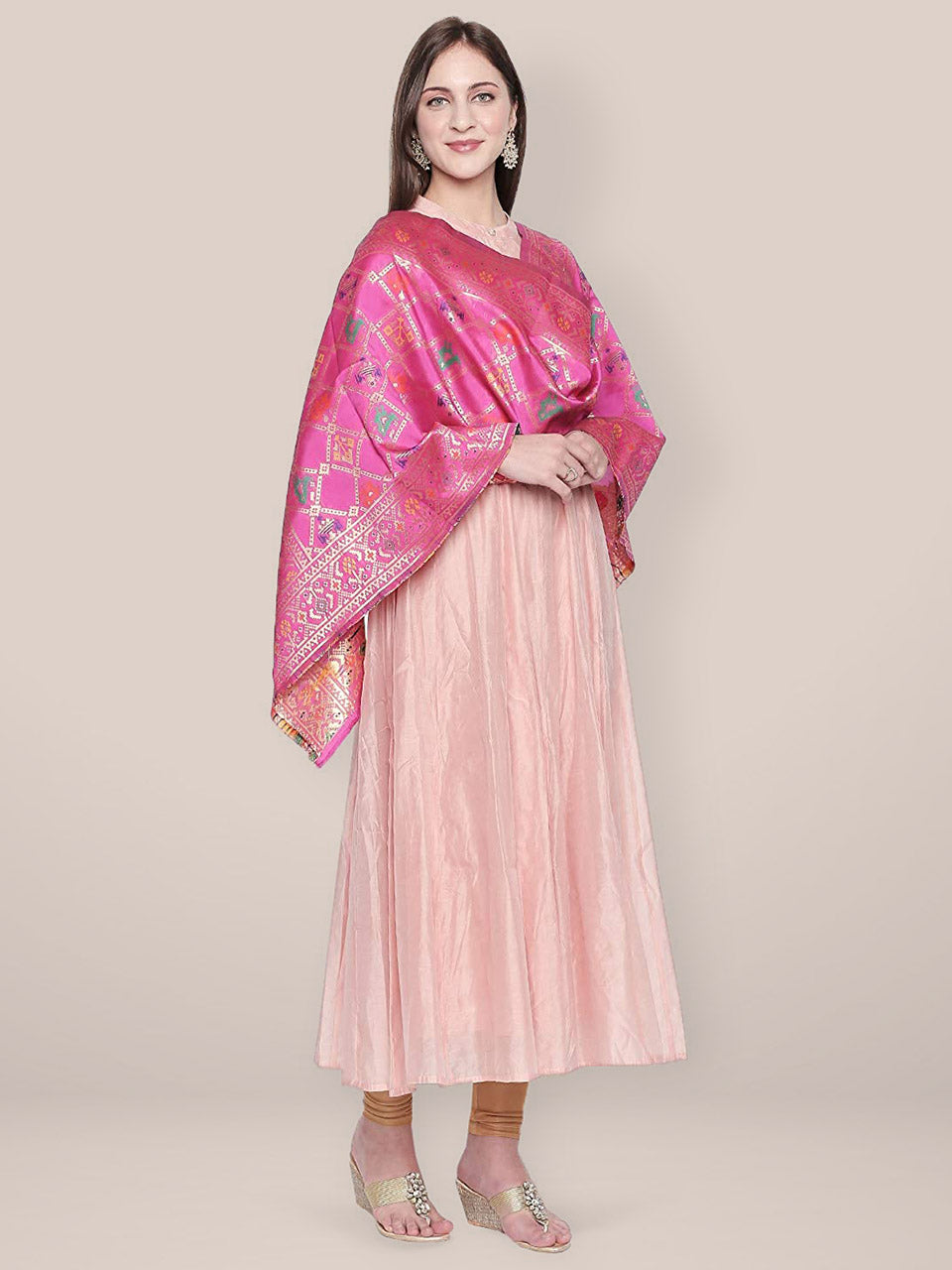 Pink & Multicoloured Banarasi Art Silk Stole/ Dupatta. freeshipping - Dupatta Bazaar