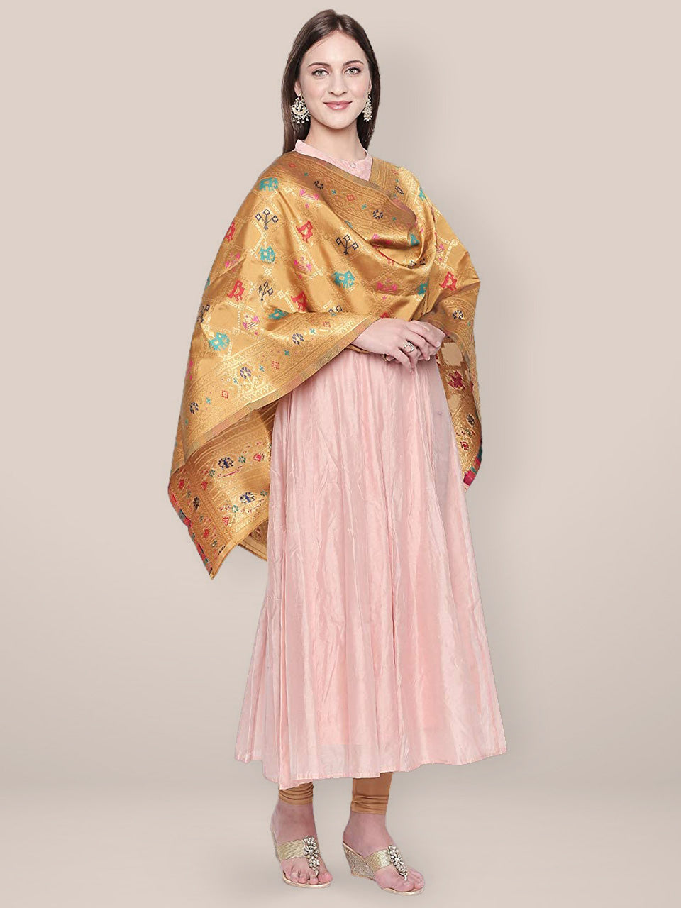 Gold & Multicoloured Art Silk Dupatta. freeshipping - Dupatta Bazaar