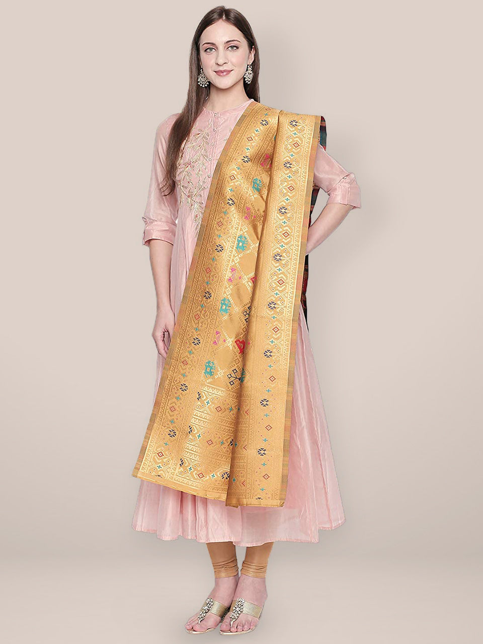 Gold & Multicoloured Art Silk Dupatta. freeshipping - Dupatta Bazaar