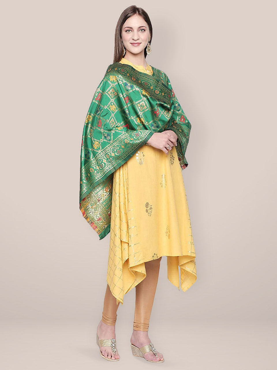 Green & Multicoloured Banarasi Art Silk  Dupatta. freeshipping - Dupatta Bazaar