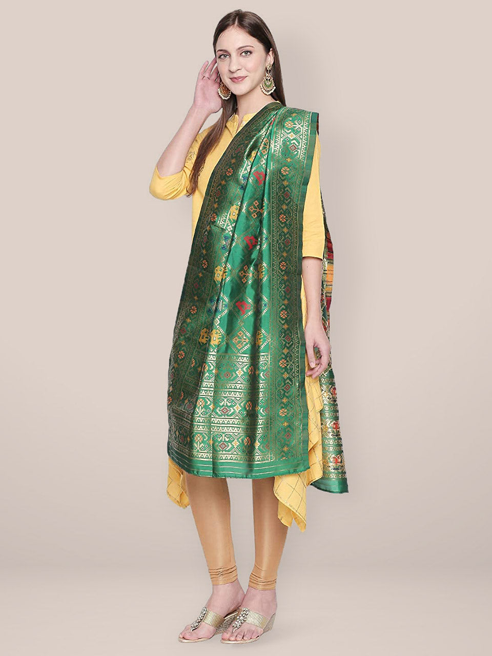 Green & Multicoloured Banarasi Art Silk  Dupatta. freeshipping - Dupatta Bazaar