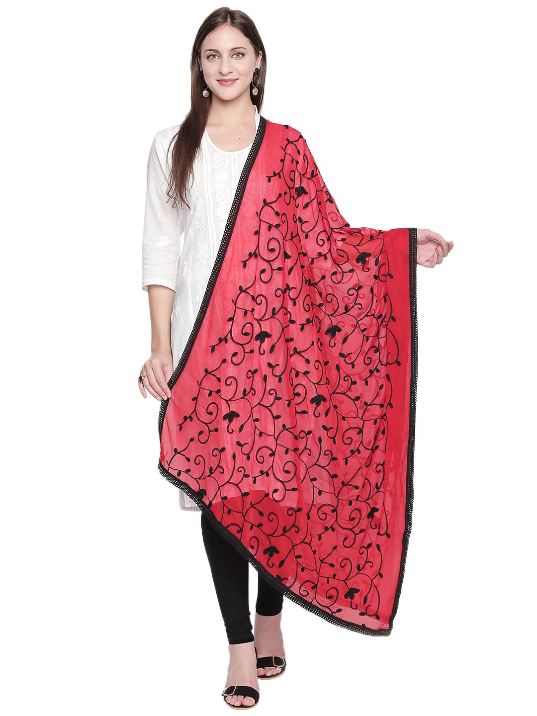 Dupatta Bazaar Women's Embroidered Red and Black ChiffonDupatta - Dupatta Bazaar