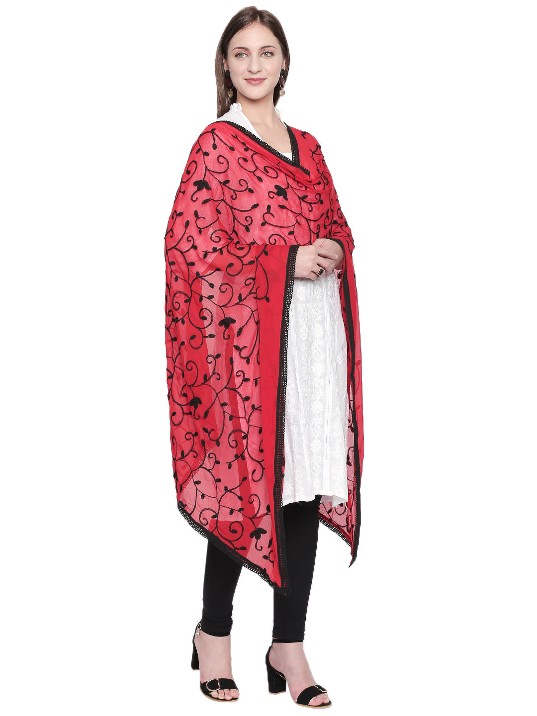 Dupatta Bazaar Women's Embroidered Red and Black ChiffonDupatta - Dupatta Bazaar