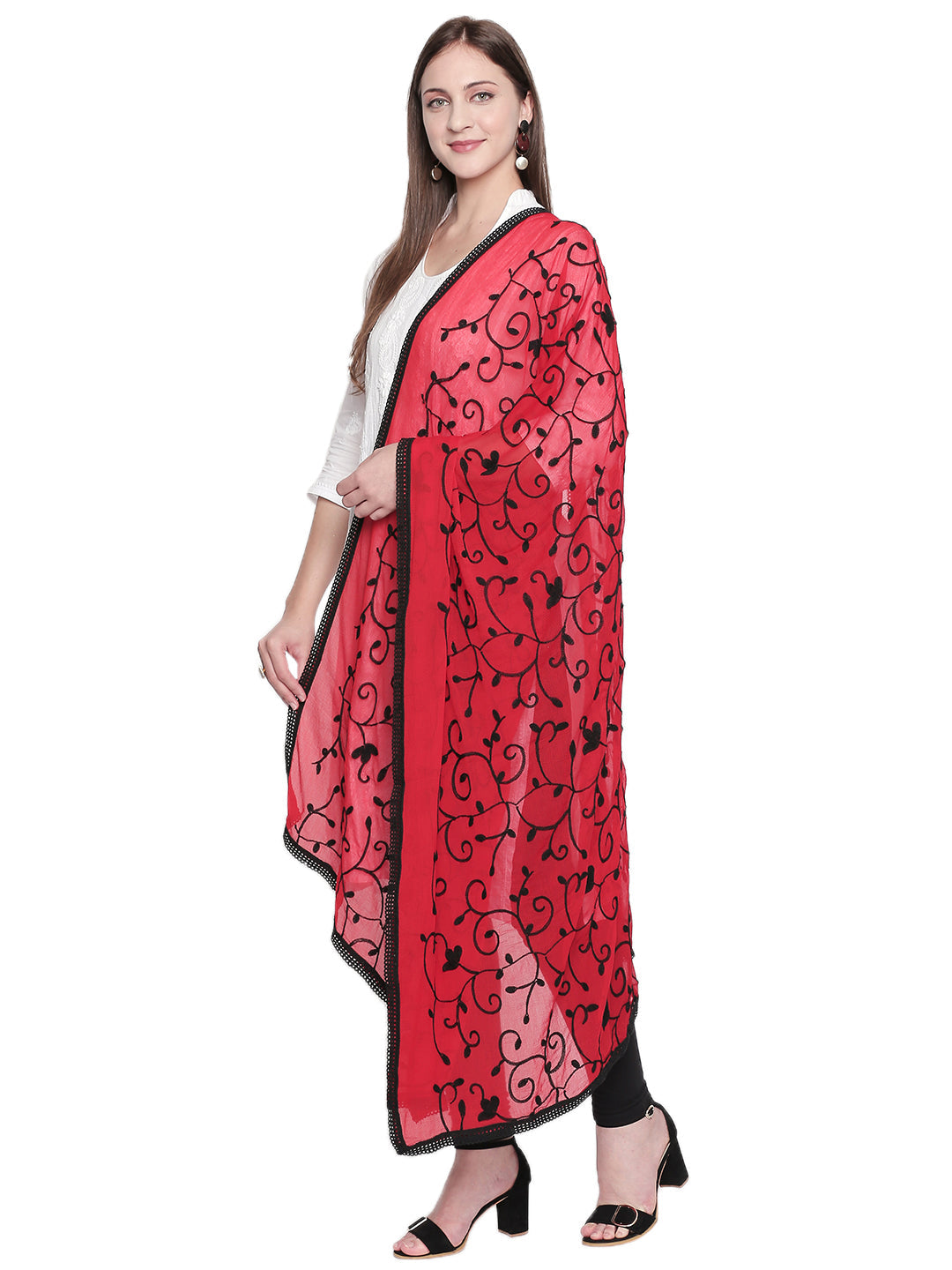 Dupatta Bazaar Women's Embroidered Red and Black ChiffonDupatta - Dupatta Bazaar