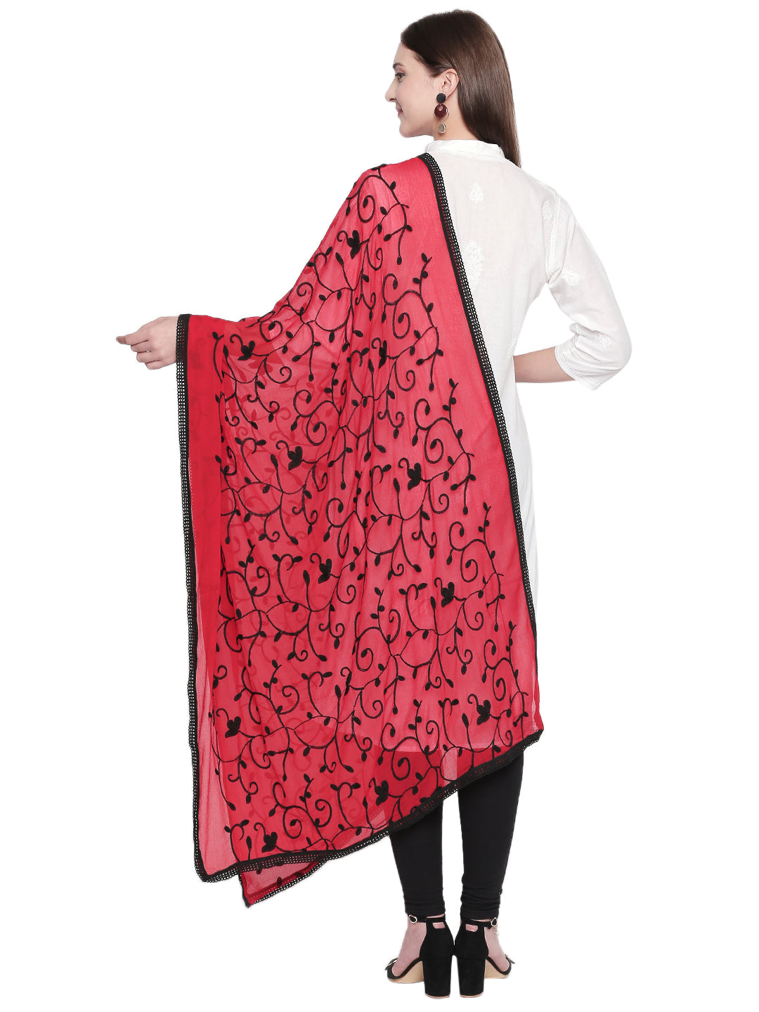 Dupatta Bazaar Women's Embroidered Red and Black ChiffonDupatta - Dupatta Bazaar