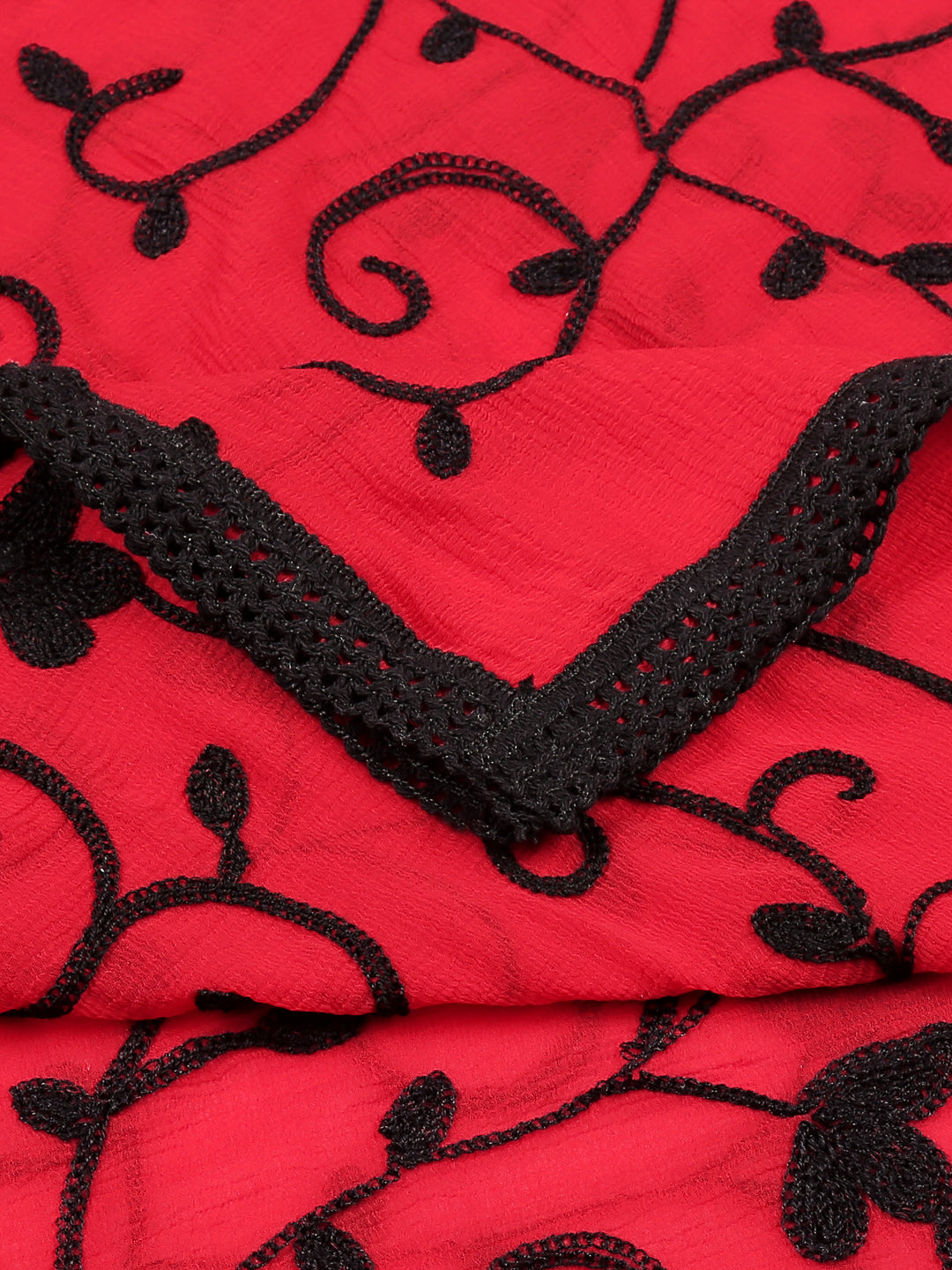 Dupatta Bazaar Women's Embroidered Red and Black ChiffonDupatta - Dupatta Bazaar