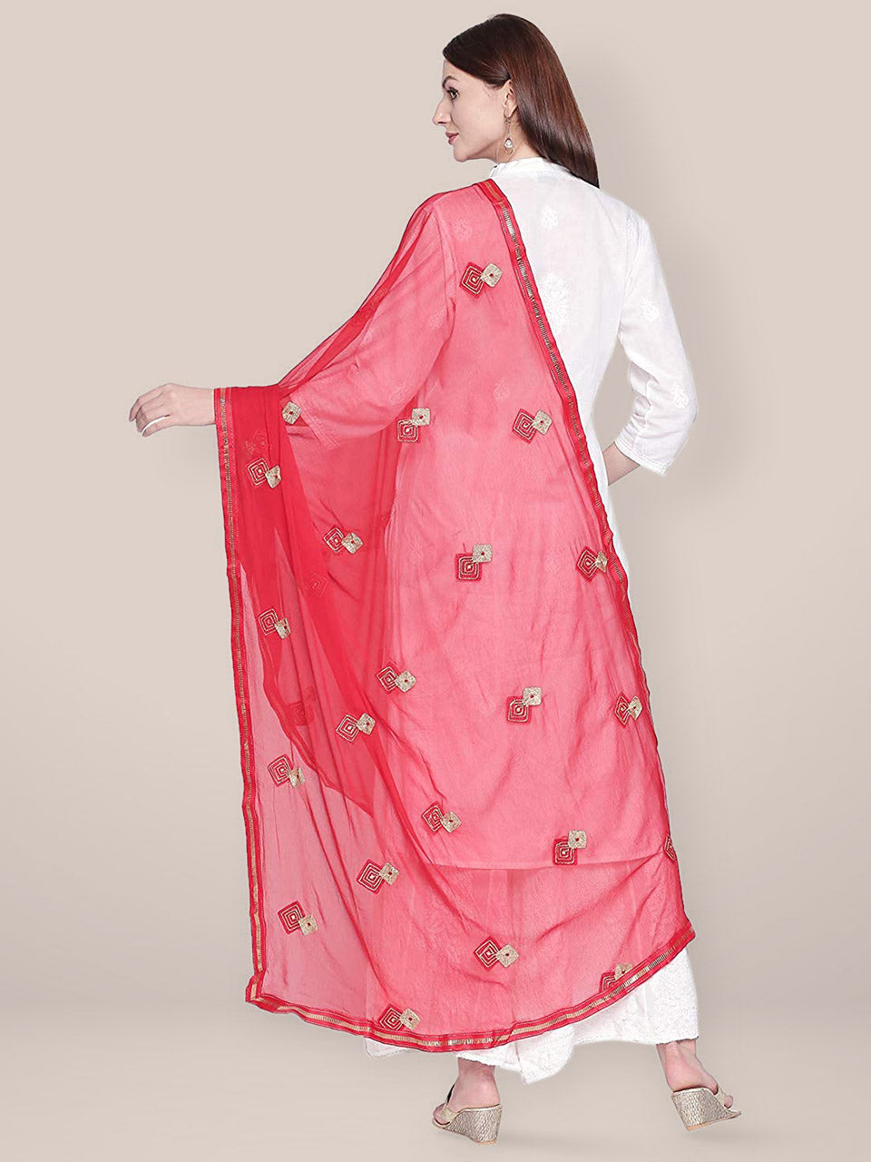 Embroidered Red Chiffon Dupatta freeshipping - Dupatta Bazaar