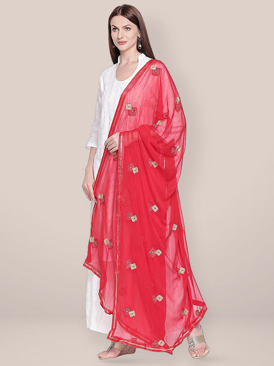 Embroidered Red Chiffon Dupatta freeshipping - Dupatta Bazaar