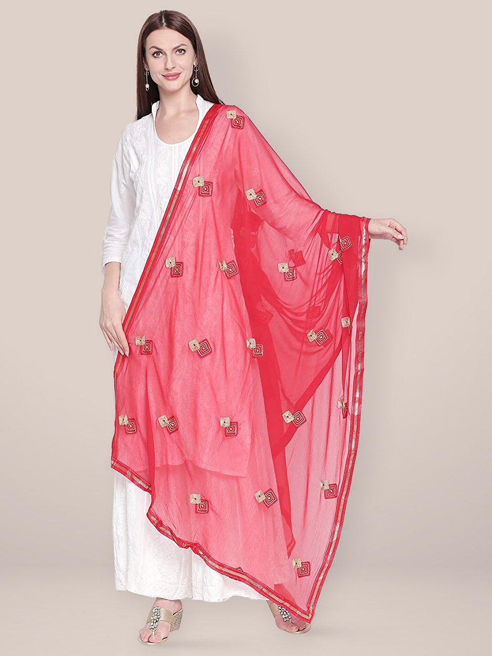 Embroidered Red Chiffon Dupatta freeshipping - Dupatta Bazaar