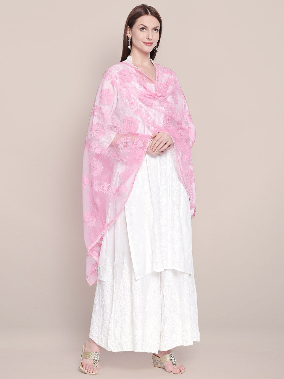 Lucknowi Embroidered Baby Pink Net Dupatta freeshipping - Dupatta Bazaar