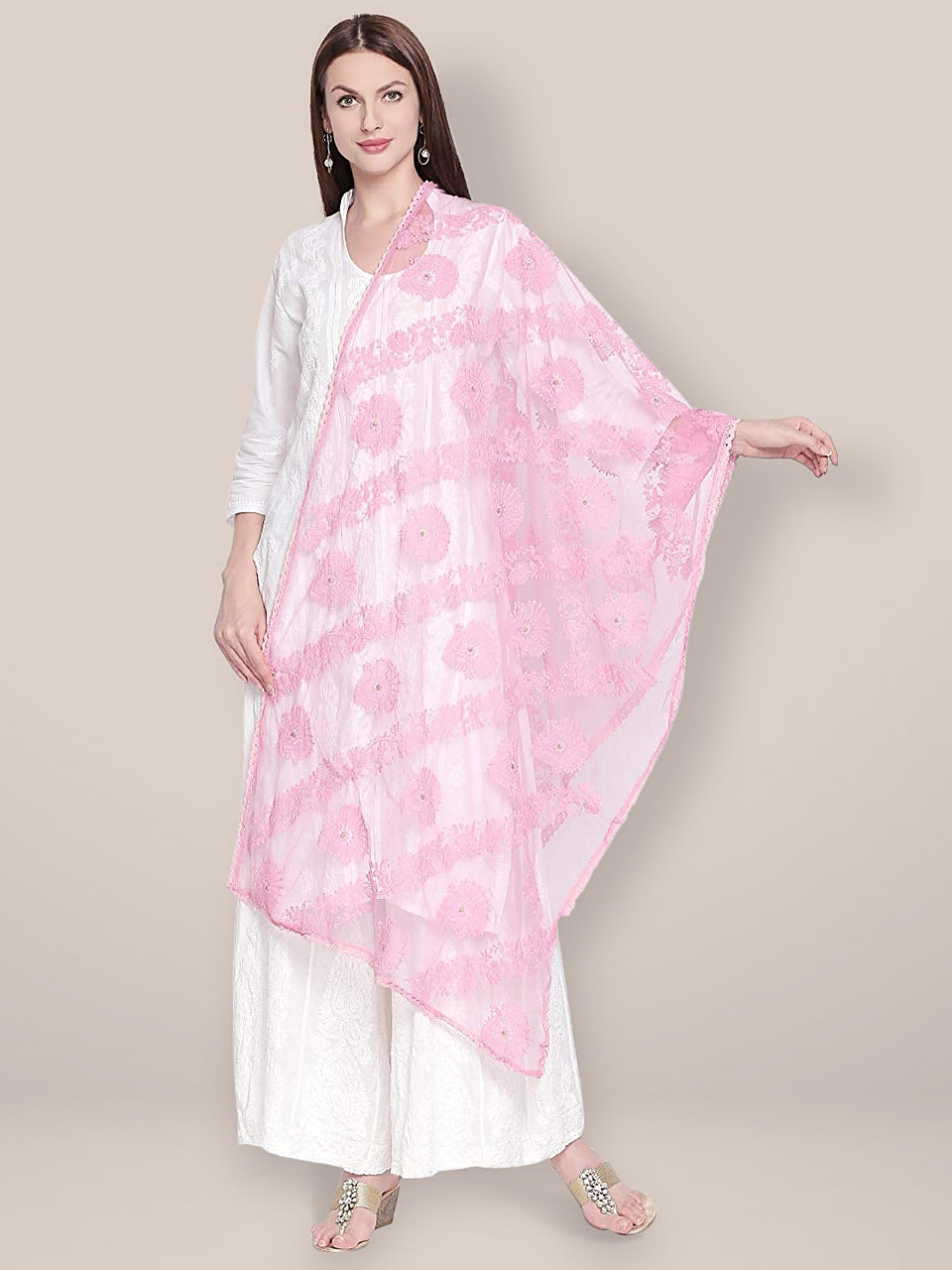 Lucknowi Embroidered Baby Pink Net Dupatta freeshipping - Dupatta Bazaar