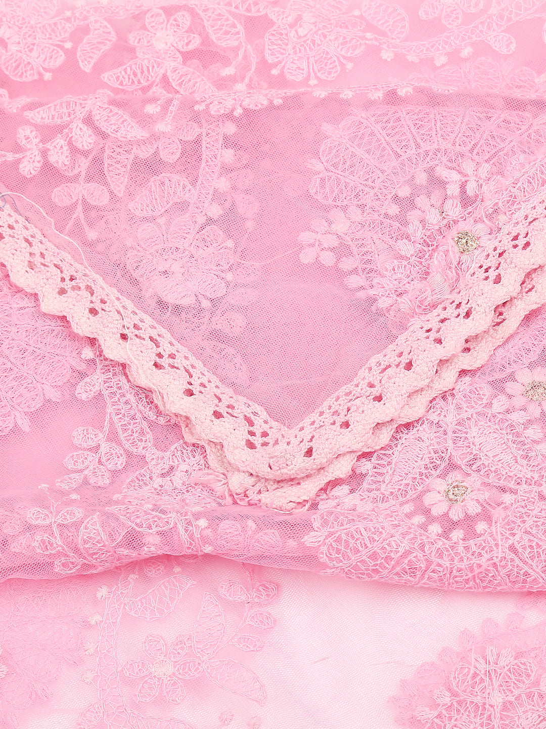 Lucknowi Embroidered Baby Pink Net Dupatta freeshipping - Dupatta Bazaar