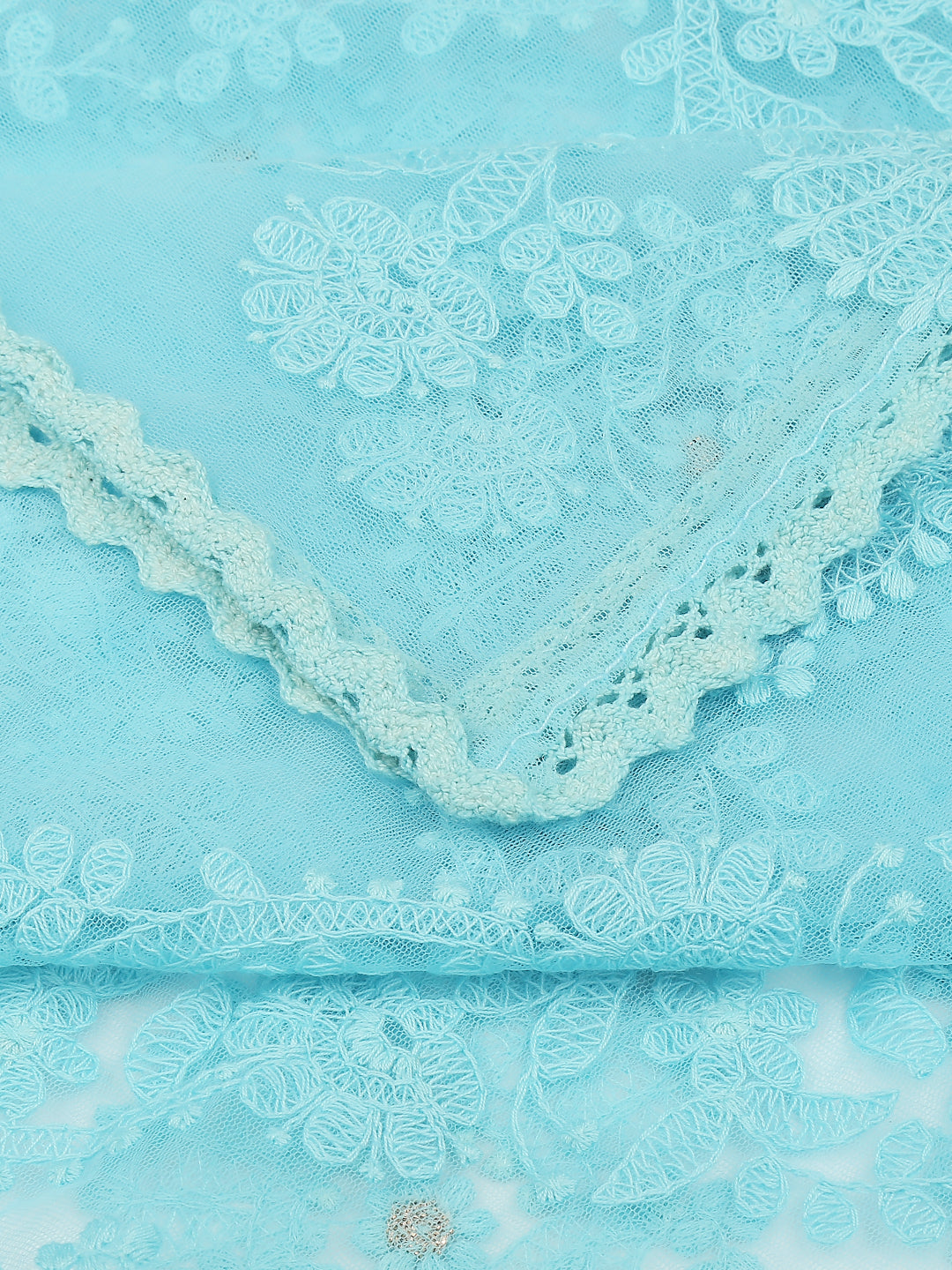 Dupatta Bazaar Woman's Lucknowi Embroidered Sky Blue Net Dupatta - Dupatta Bazaar