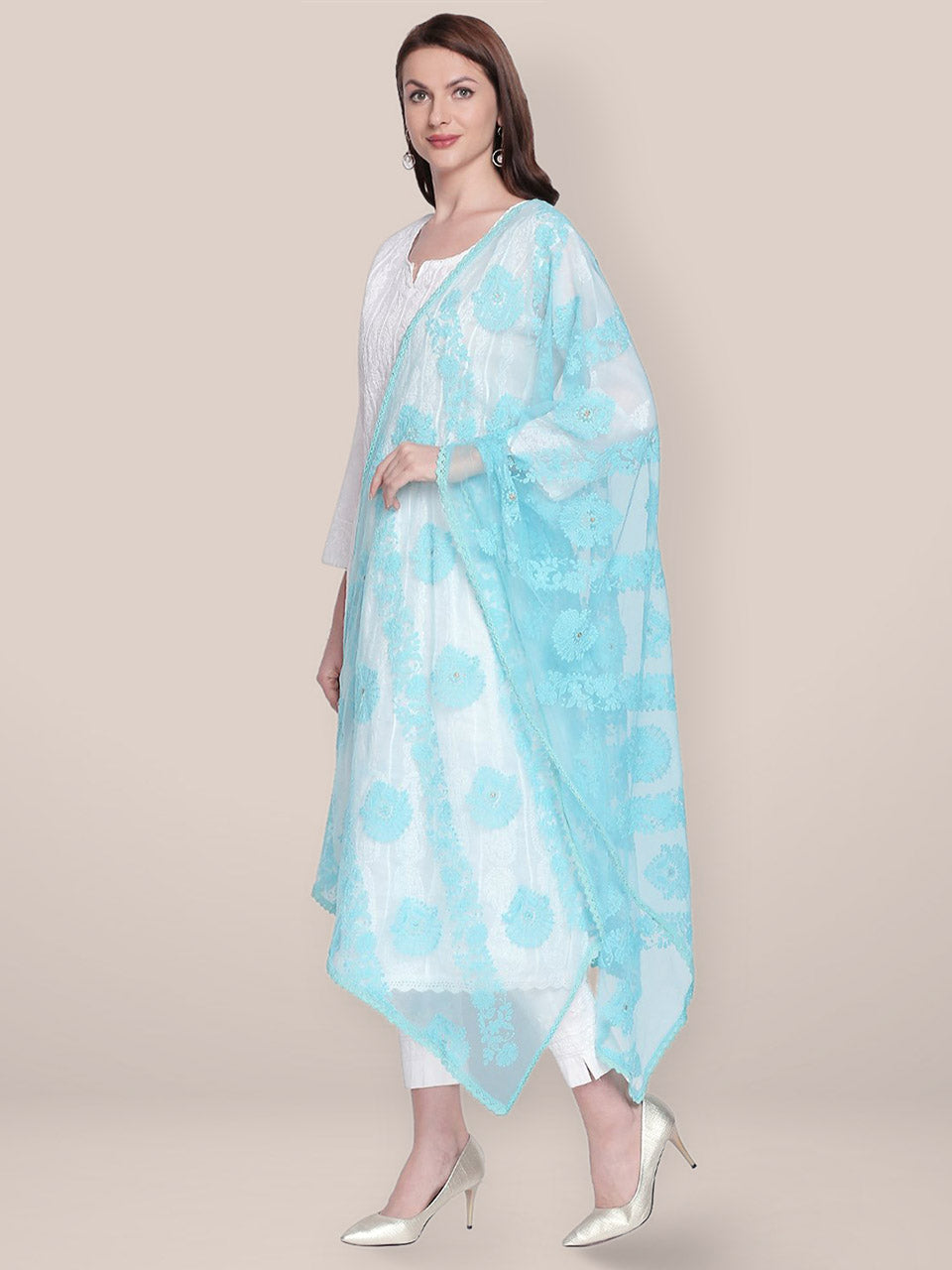 Lucknowi Embroidered Sky Blue Net Dupatta freeshipping - Dupatta Bazaar
