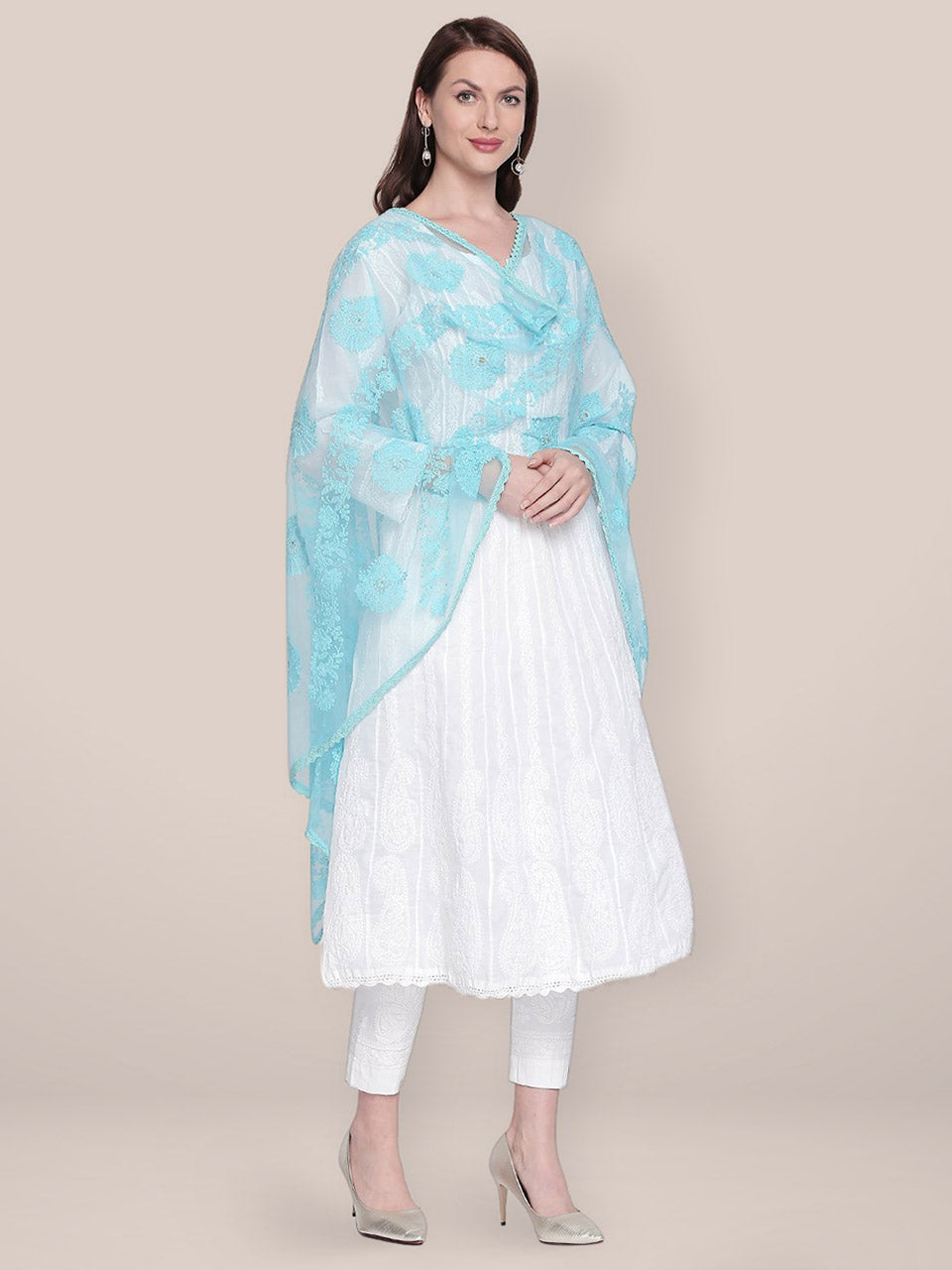Lucknowi Embroidered Sky Blue Net Dupatta freeshipping - Dupatta Bazaar