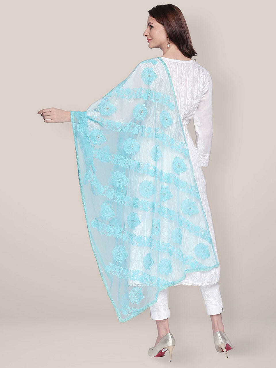 Lucknowi Embroidered Sky Blue Net Dupatta freeshipping - Dupatta Bazaar