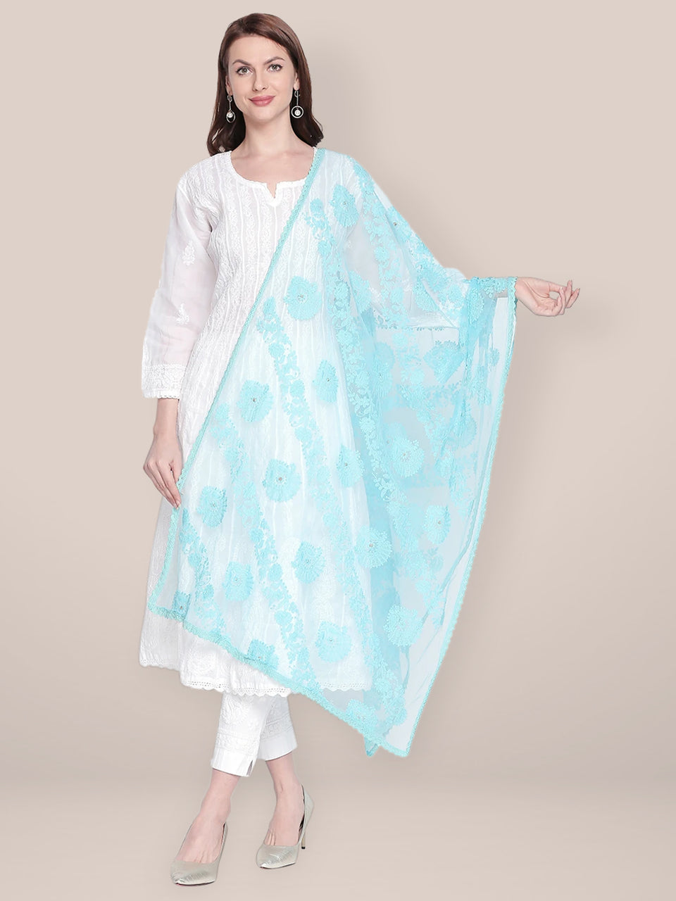 Lucknowi Embroidered Sky Blue Net Dupatta freeshipping - Dupatta Bazaar
