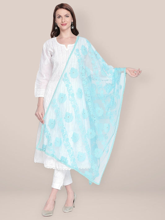 Lucknowi Embroidered Sky Blue Net Dupatta freeshipping - Dupatta Bazaar