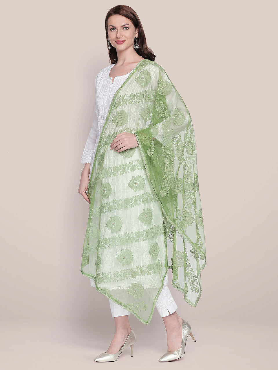 Lucknowi Embroidered Olive Green Net Dupatta freeshipping - Dupatta Bazaar