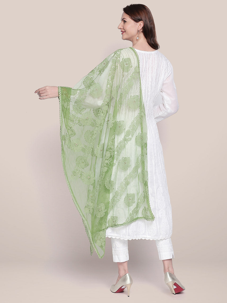 Lucknowi Embroidered Olive Green Net Dupatta freeshipping - Dupatta Bazaar