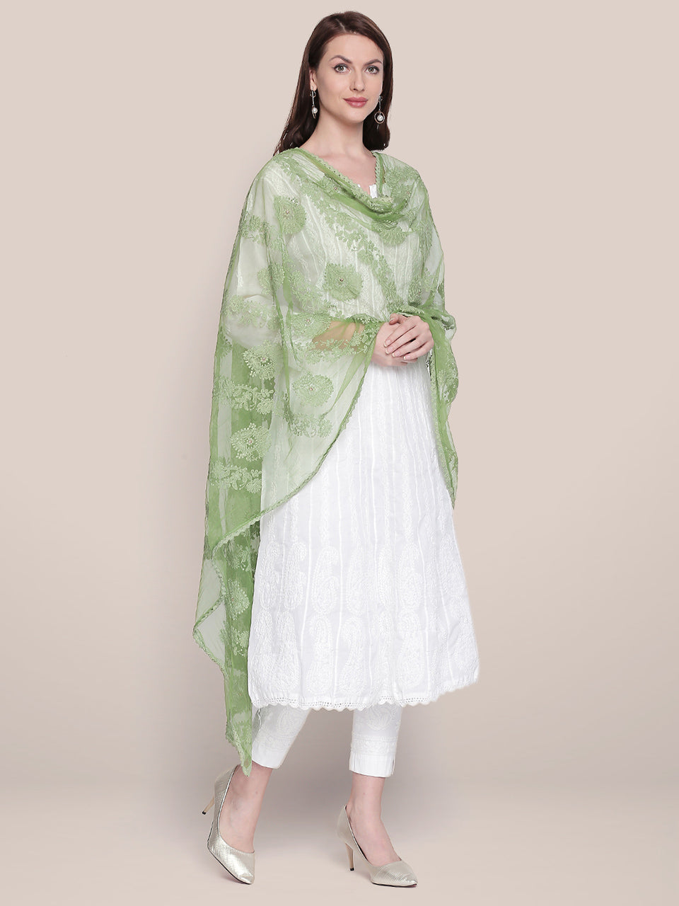 Lucknowi Embroidered Olive Green Net Dupatta freeshipping - Dupatta Bazaar