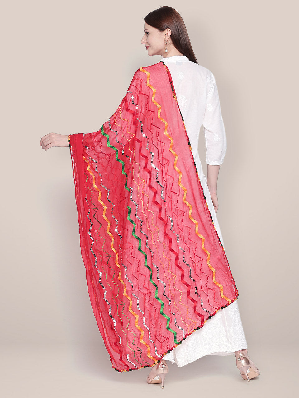 Red & Multicoloured Embroidered Chiffon Dupatta freeshipping - Dupatta Bazaar
