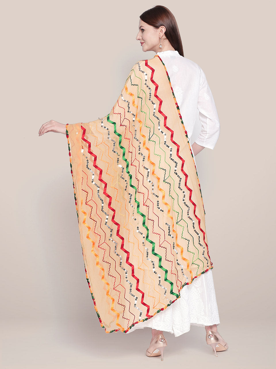 Beige & Multicoloured Embroidered Chiffon Dupatta freeshipping - Dupatta Bazaar