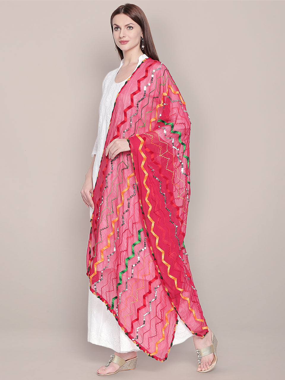 Pink & Multicoloured Embroidered Chiffon Dupatta freeshipping - Dupatta Bazaar