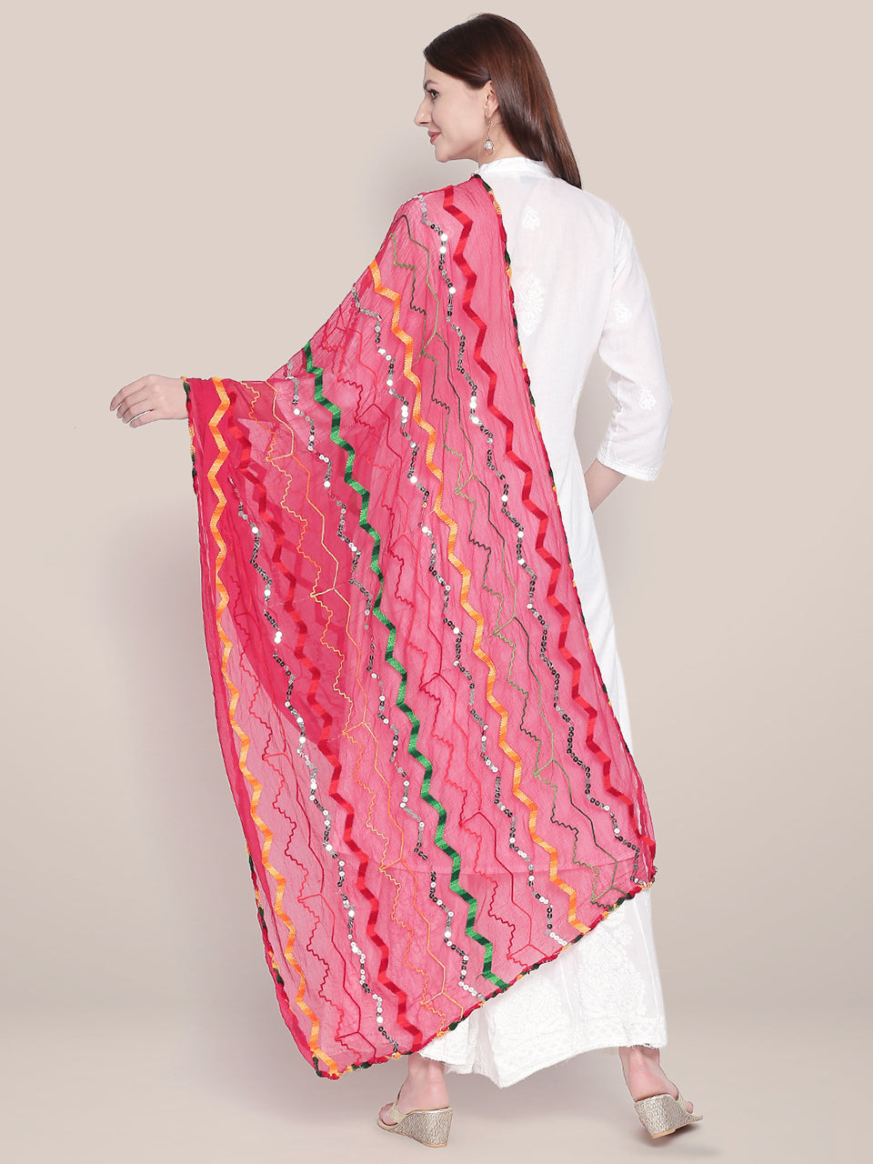 Pink & Multicoloured Embroidered Chiffon Dupatta freeshipping - Dupatta Bazaar