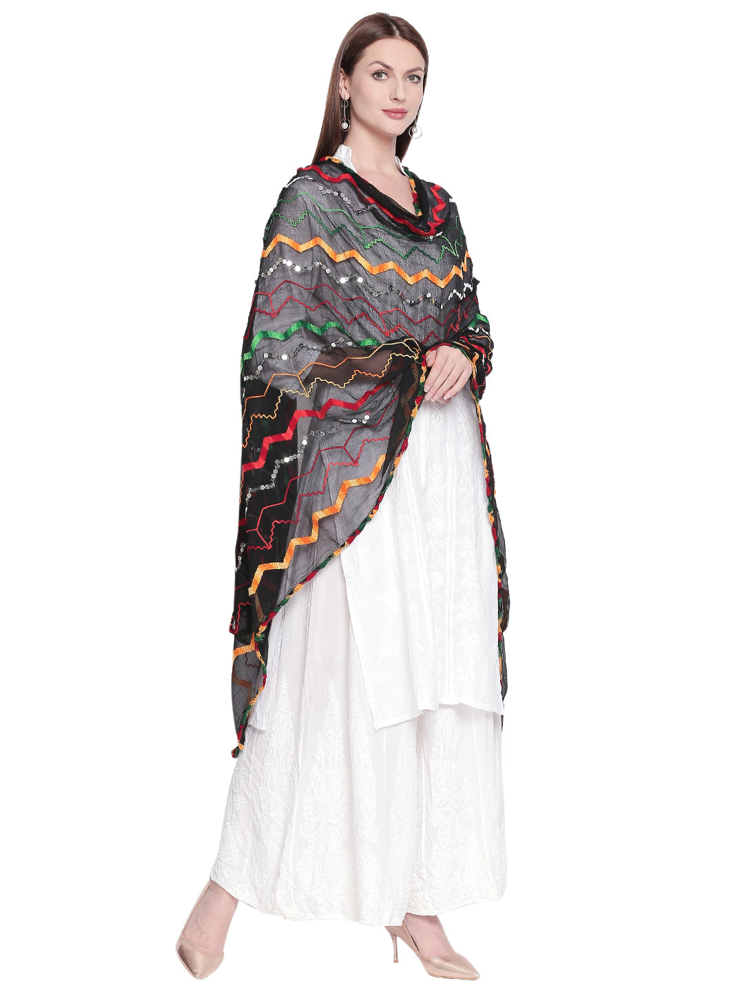 Dupatta Bazaar Woman's Black & Multicoloured Embroidered Chiffon Dupatta - Dupatta Bazaar