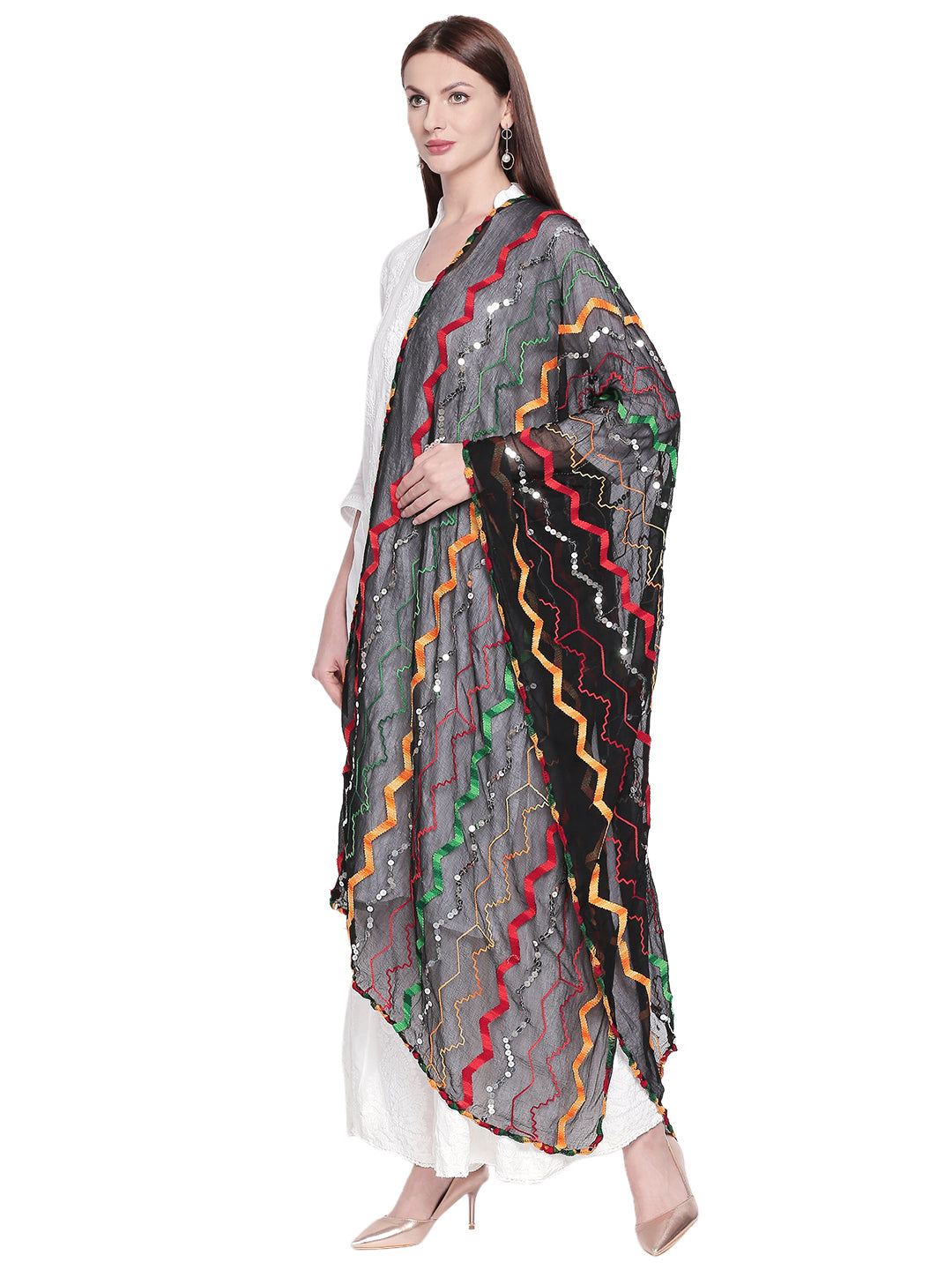 Dupatta Bazaar Woman's Black & Multicoloured Embroidered Chiffon Dupatta - Dupatta Bazaar